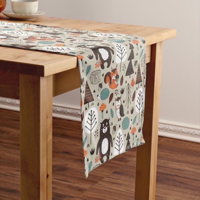 Cute Autumn Woodland Animals Pattern Short Table Runner (In Situ)