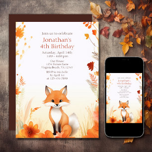 Cute Autumn Woodland Fox Fall Birthday Invitation