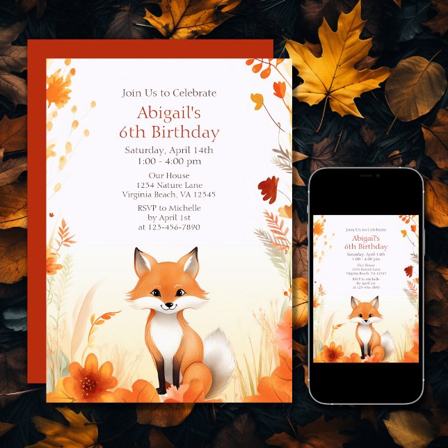 Cute Autumn Woodland Fox Fall Birthday Invitation (Printed and Digital - Cute Autumn Woodland Fox Fall Birthday Invitation)