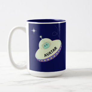 Cute Avatar Alien & Flying Saucer on Navy Blue Two-Tone Coffee Mug