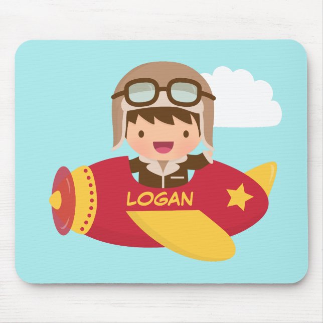 Cute Aviator Boy Airplane Adventure For Kids Mouse Pad (Front)