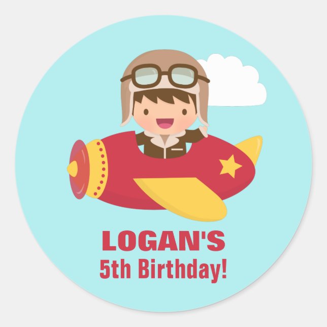 Cute Aviator Boy Airplane Birthday Party Classic Round Sticker (Front)
