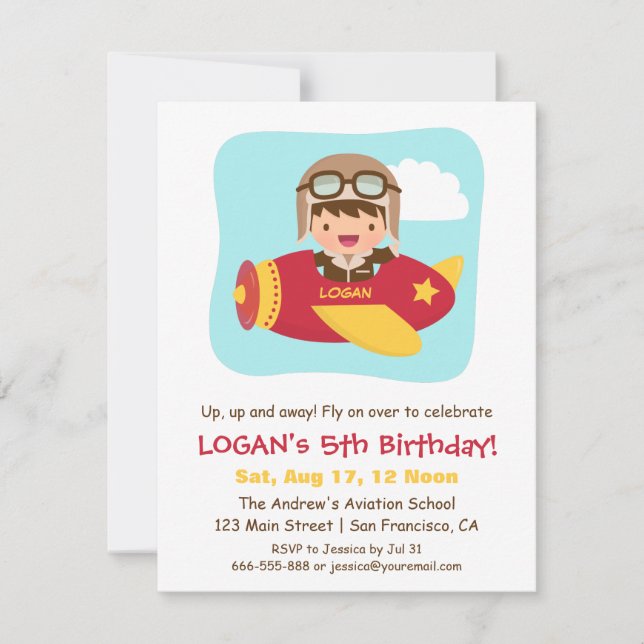 Cute Aviator Boy Airplane Birthday Party Invitation (Front)