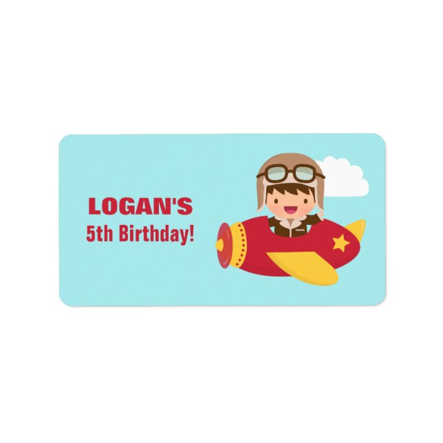Cute Aviator Boy Airplane Birthday Party Label (Front)