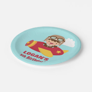 Cute Aviator Boy Airplane Birthday Party Paper Plate