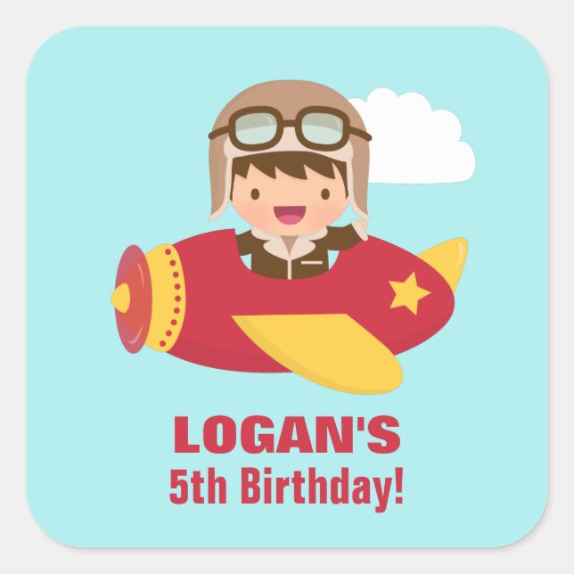 Cute Aviator Boy Airplane Birthday Party Square Sticker (Front)
