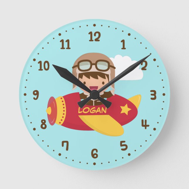 Cute Aviator Boy Airplane Kids Room Decor Round Clock (Front)