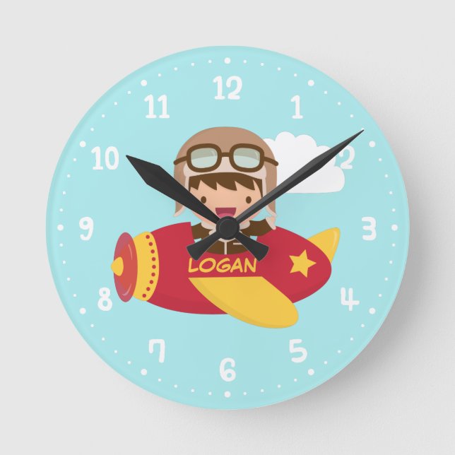 Cute Aviator Boy Airplane Kids Room Decor Round Clock (Front)