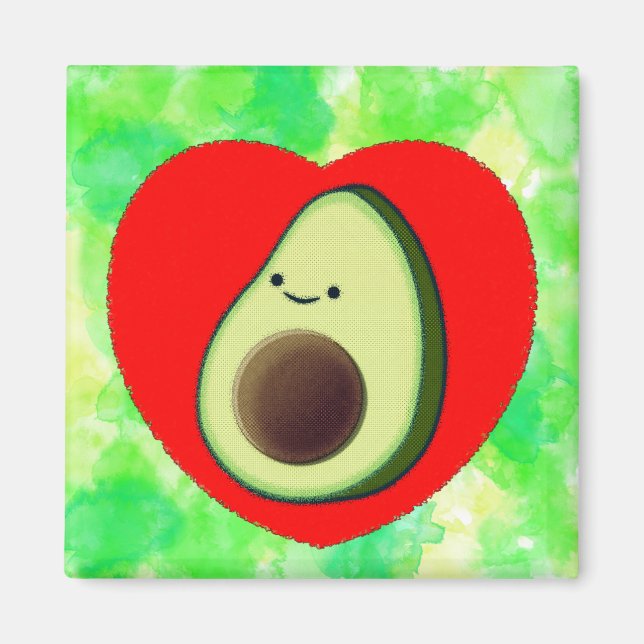 Cute Avocado Cartoon In Red Heart on Watercolor Magnet (Front)