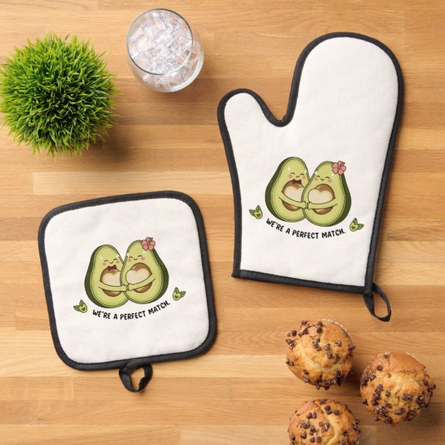  Cute Avocado Couple "We're a Perfect Match" Pun | Oven Mitt & Pot Holder Set (Top Down)