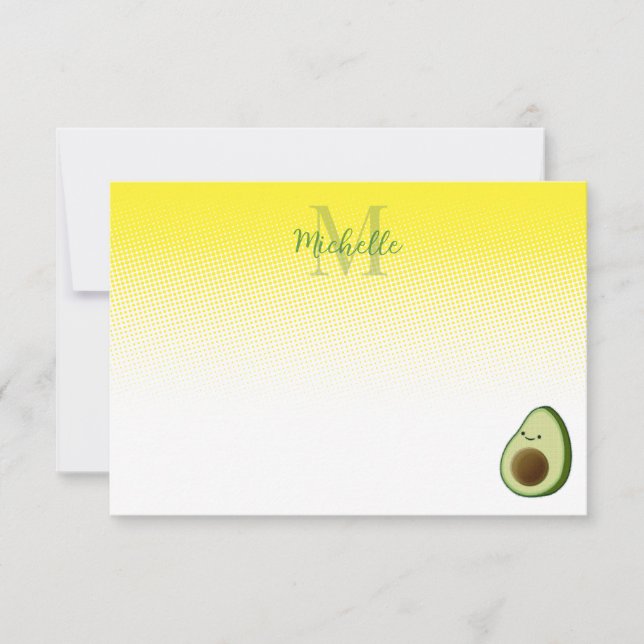 Cute Avocado Drawing Personalized Monogram Card (Front)