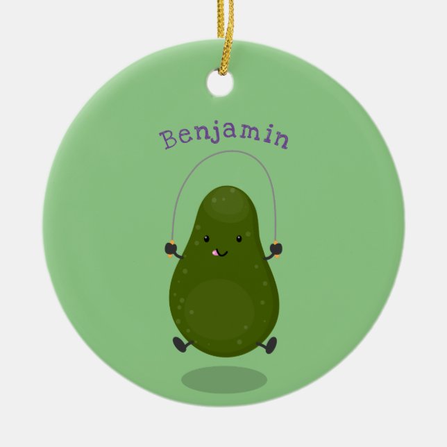 Cute avocado jump rope cartoon illustration ceramic ornament (Front)