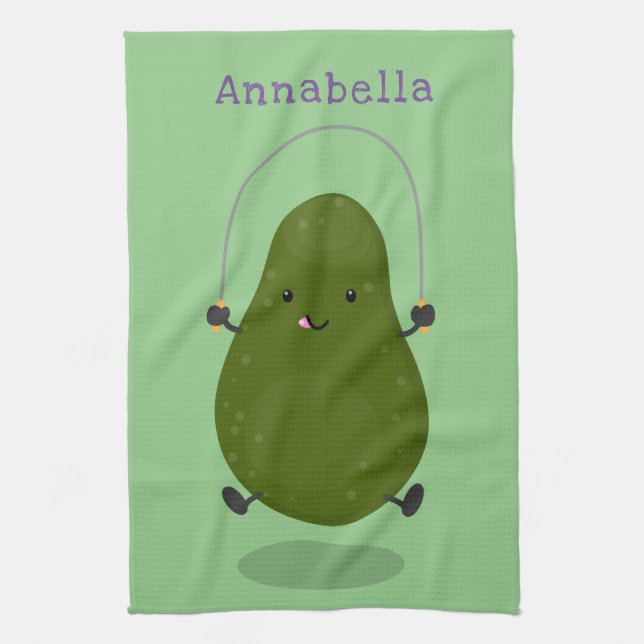 Cute avocado jump rope cartoon illustration kitchen towel (Vertical)