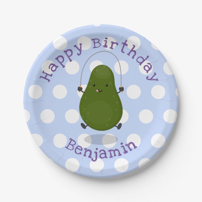 Cute avocado jump rope cartoon illustration paper plate (Front)