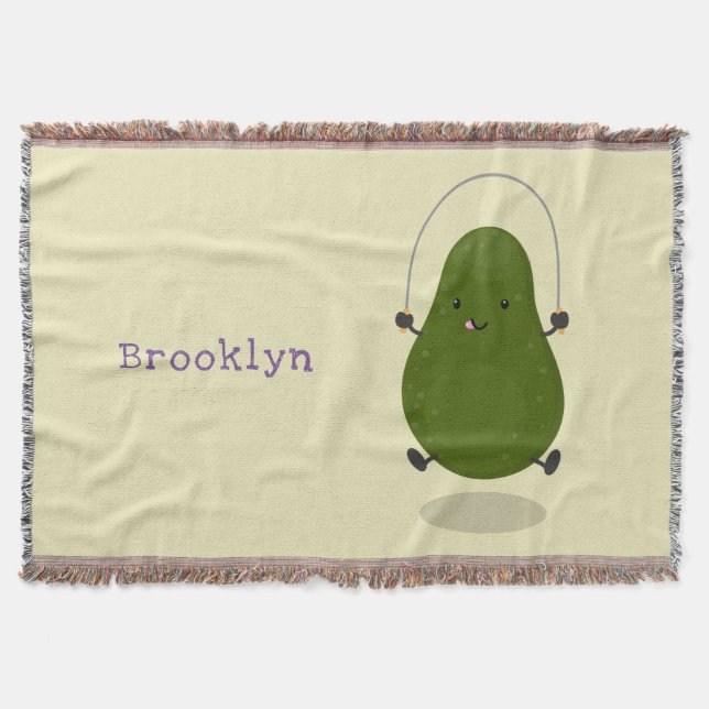 Cute avocado jump rope cartoon illustration throw blanket (Front)