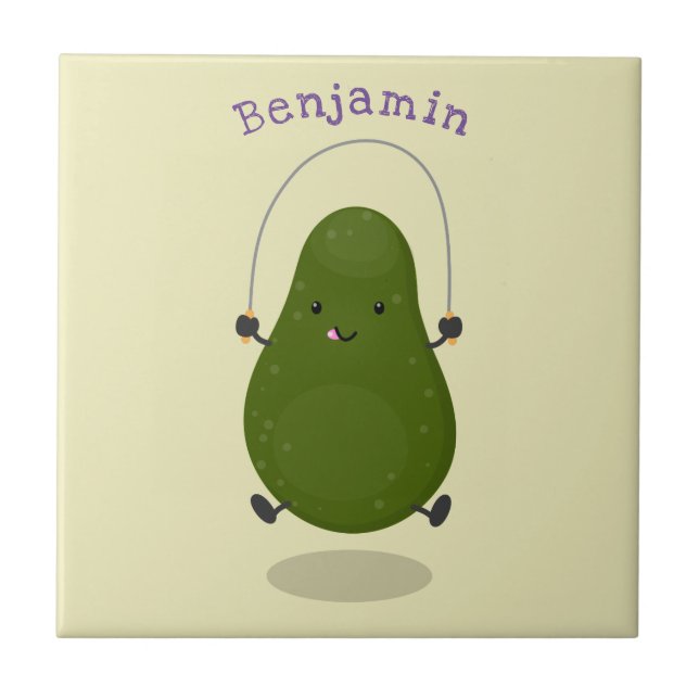 Cute avocado jump rope cartoon illustration tile (Front)