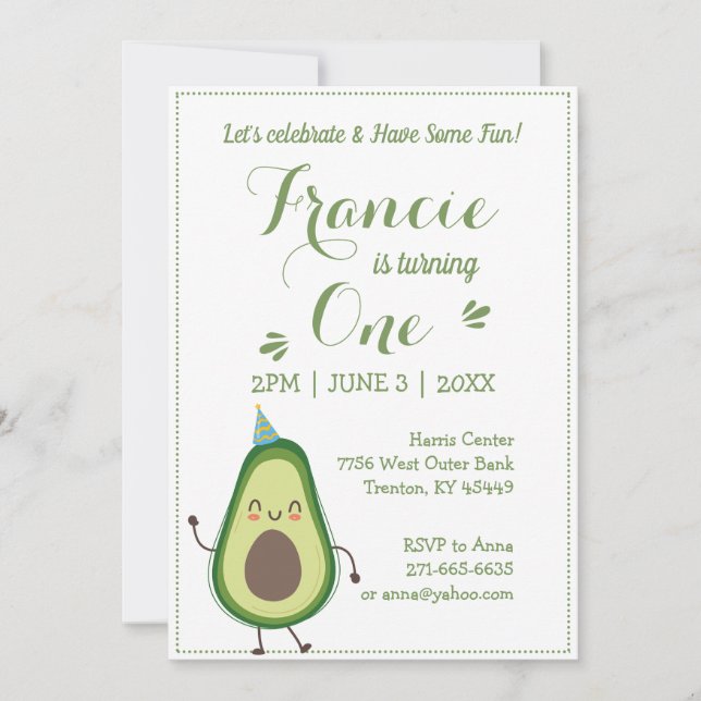 Cute Avocado Personalize 1st Birthday White BG Invitation (Front)