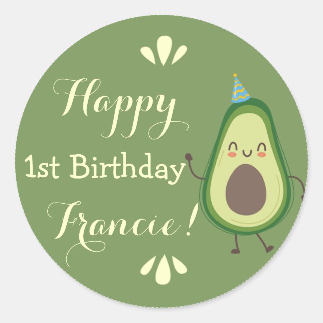 Cute Avocado Personalize Colourful 1st Birthday Classic Round Sticker (Front)
