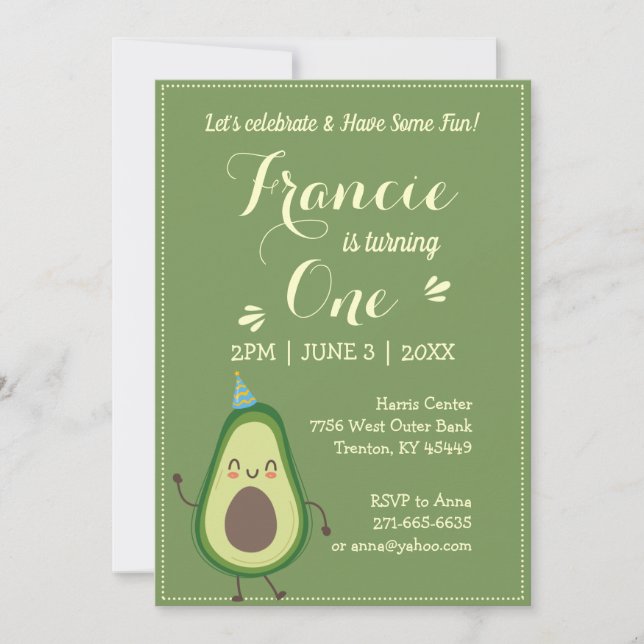Cute Avocado Personalize Colourful 1st Birthday Invitation (Front)