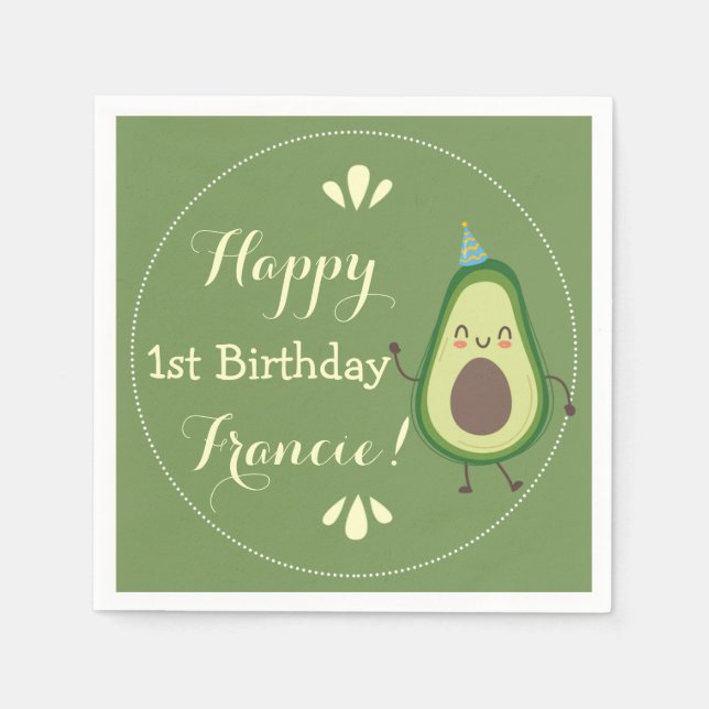 Cute Avocado Personalize Colourful 1st Birthday Napkin (Front)