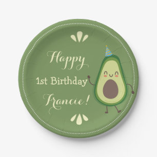 Cute Avocado Personalize Colourful 1st Birthday Paper Plate