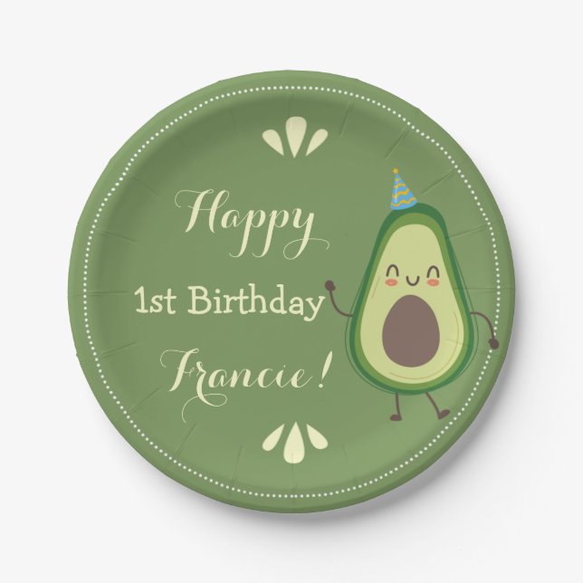 Cute Avocado Personalize Colourful 1st Birthday Paper Plate (Front)