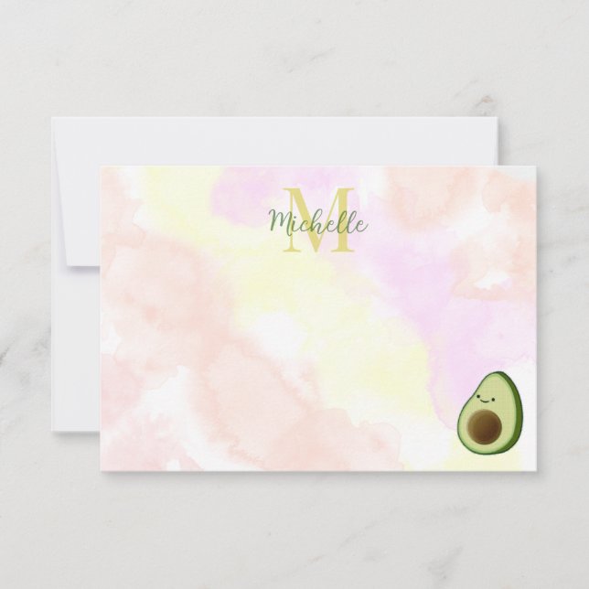 Cute Avocado Personalized Monogram Watercolor Card (Front)