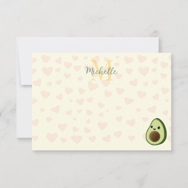 Cute Avocado Red Hearts Personalized Monogram Card (Front)