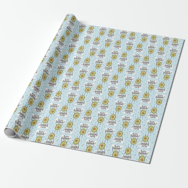 Cute Avocado with Happy Birthday Sign Wrapping Paper (Unrolled)