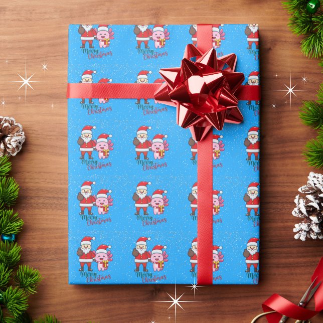 Cute Axolotl and Santa Claus Merry Christmas Wrapping Paper (Creator Uploaded)