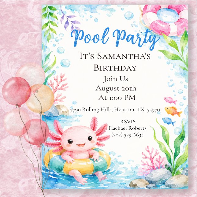 Cute Axolotl Birthday Pool Party Invitation (Creator Uploaded)