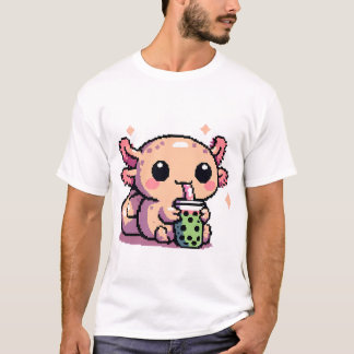 Cute Axolotl Drinking Boba Pixel Art T-Shirt