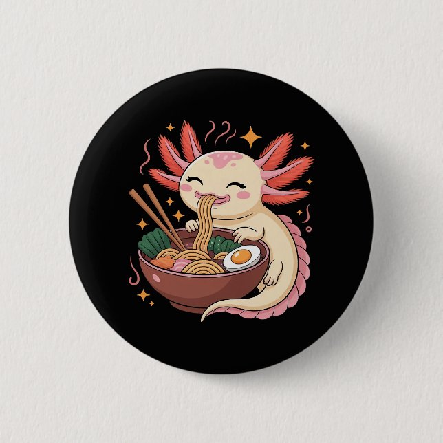 Cute Axolotl Eats Ramen Noodles 2 Inch Round Button (Front)