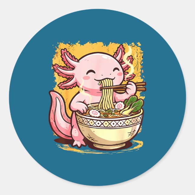 Cute Axolotl Eats Ramen Noodles Axolotls Ramen  Classic Round Sticker (Front)