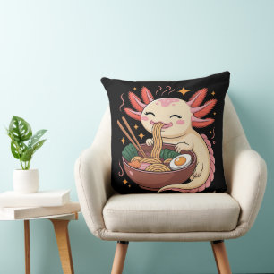 Cute Axolotl Eats Ramen Noodles Throw Pillow