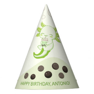 Cute Axolotl Green Boba Tea Kids Birthday Party Hat