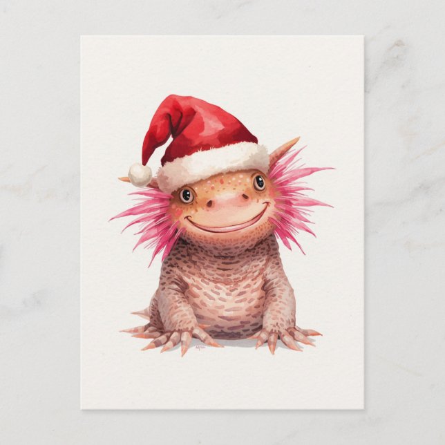 Cute Axolotl in Santa Hat Watercolor Holiday Postcard (Front)