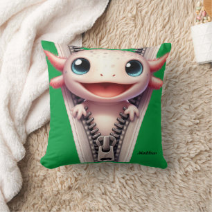 Cute Axolotl Kids Green Customizable Name Throw Pillow