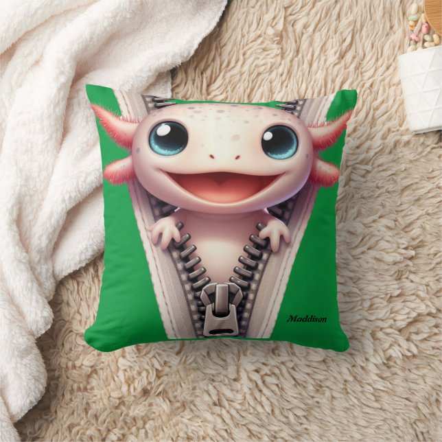  Cute Axolotl Kids Green Customizable Name  Throw Pillow (Blanket)