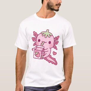 Cute Axolotl Loves Drinking Strawberry Milk  T-Shirt