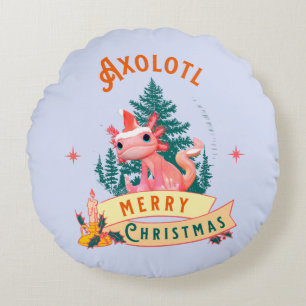 Cute Axolotl Merry Christmas Holiday Art Round Pillow