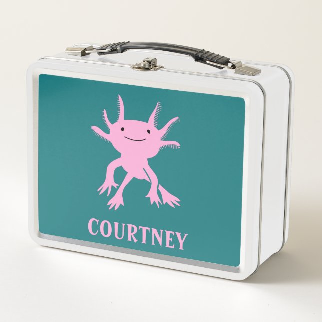 Cute Axolotl Pink Salamander Personalized Metal Lunch Box (Front)