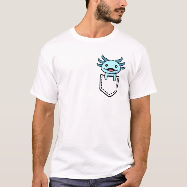 Cute Axolotl Pocket Blue Salamander Plush Amphibia T-Shirt (Front)