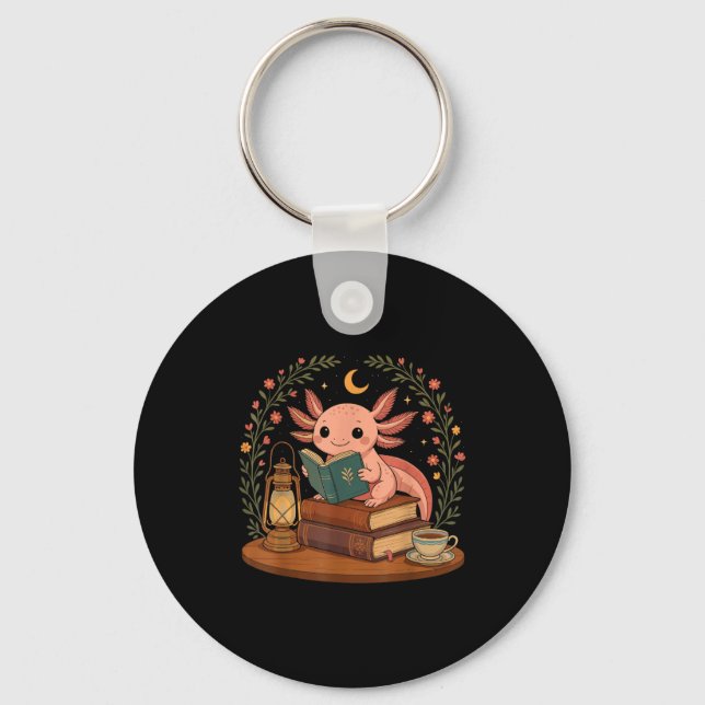 Cute Axolotl Reading Books Cozy Bookworm  Keychain (Front)