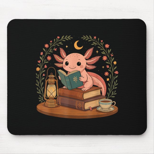 Cute Axolotl Reading Books Cozy Bookworm  Mouse Pad (Front)