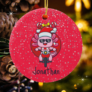 Cute Axolotl Riding a Motorcycle with Santa Toys Ceramic Ornament