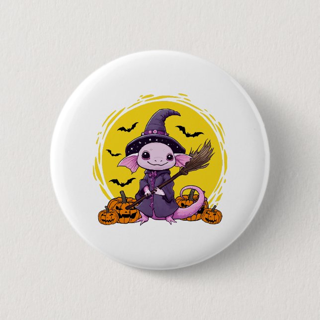 Cute Axolotl Witch Halloween 2 Inch Round Button (Front)