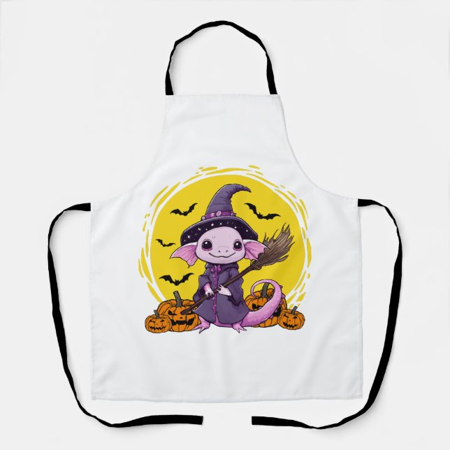 Cute Axolotl Witch Halloween Apron (Front)