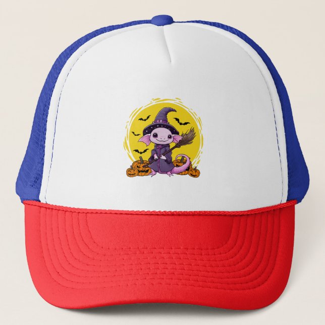 Cute Axolotl Witch Halloween Trucker Hat (Front)