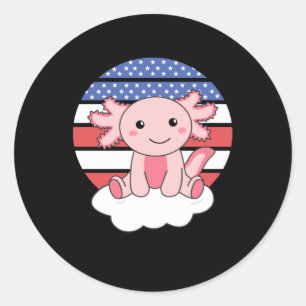 Cute Axolotl With America Flag Retro Sunset Classic Round Sticker